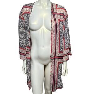Maurices Floral Print Kimono Cardigan Navy Blue Red White Size S/M Beach Cover